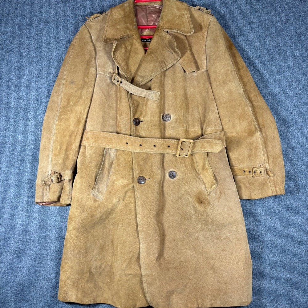 Vtg 70s Cortefiel Leather Trench Coat Mens 44 Tan Double Breasted Belted Spain